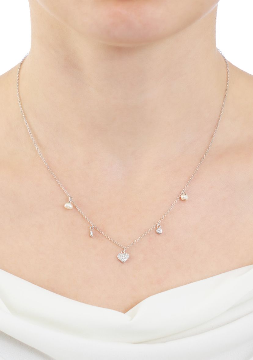 Sterling Silver 16" + 2" Fresh Water Pearl and Cubic Zirconia Heart Drop Necklace
