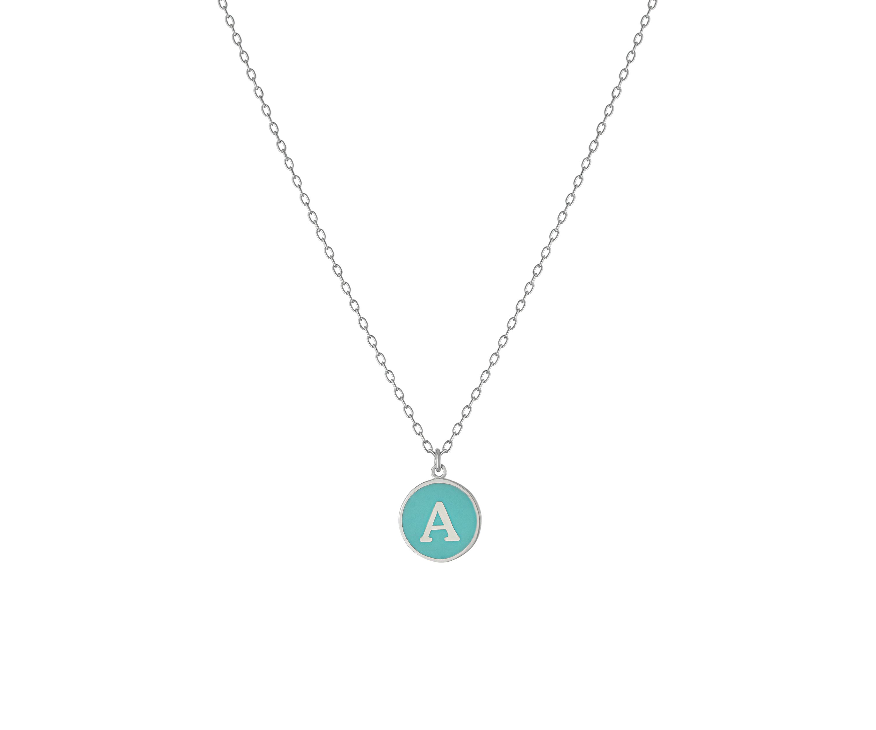 Sterling Silver Aqua Enamel Disc Initial A Necklace