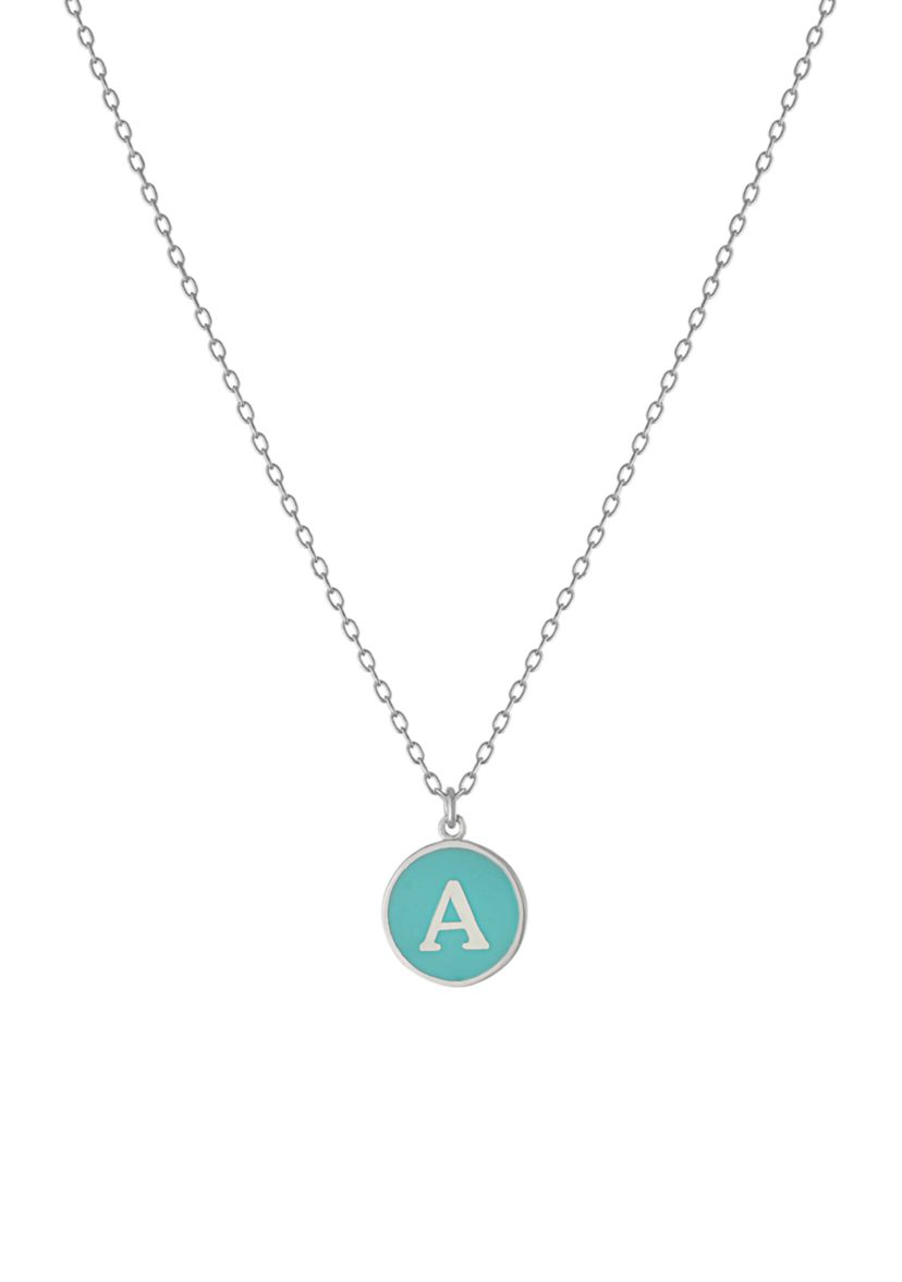 Sterling Silver Aqua Enamel Disc Initial A Necklace