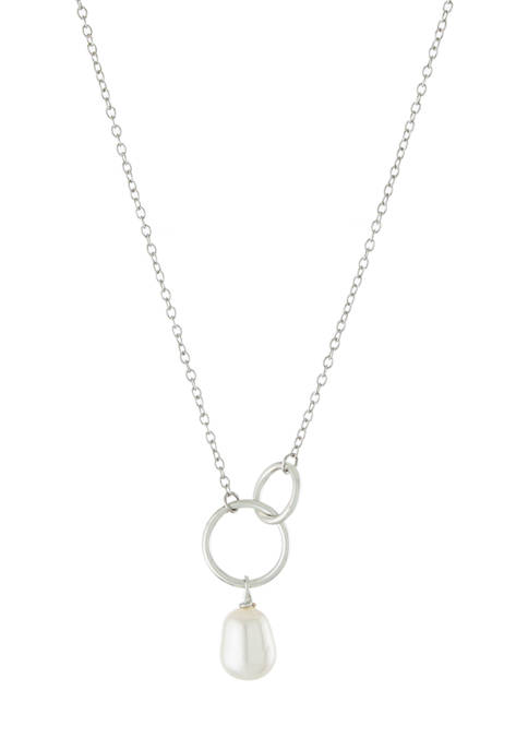 Sterling Silver 16 Inch + 2 Inch Open Circle with Freshwater Pearl Drop Necklace