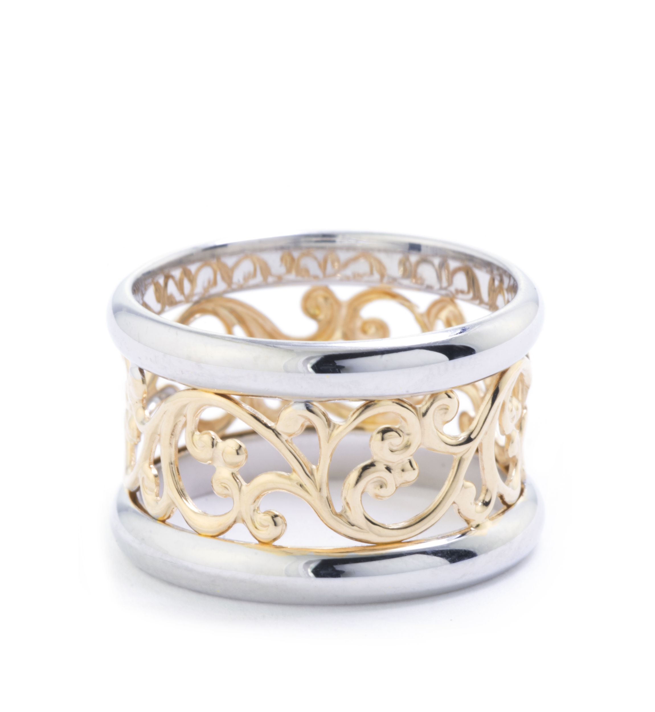 Two Tone Over Sterling Silver Filigree Band Ring
