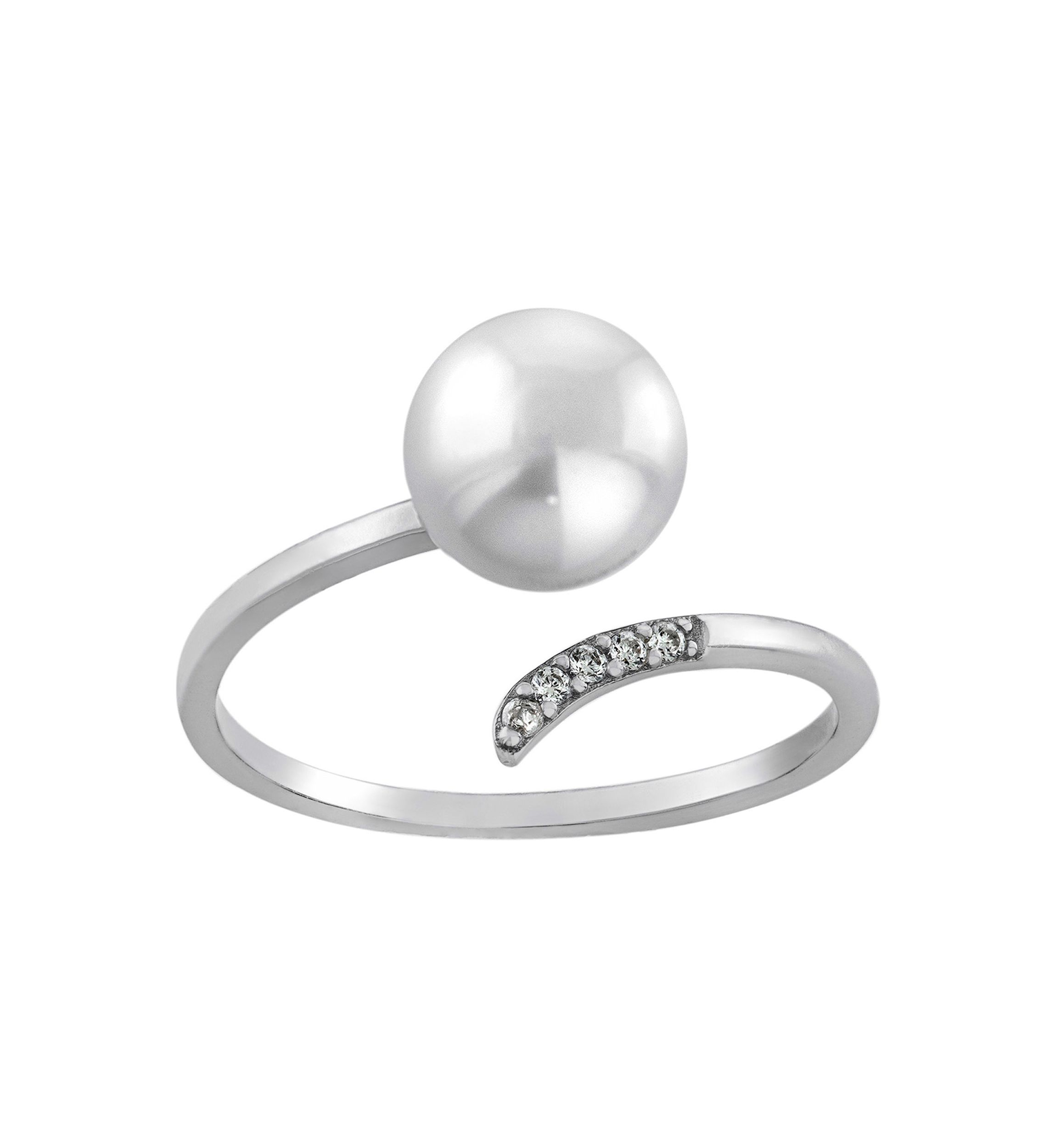 Sterling Silver Fresh Water Pearl and Cubic Zirconia Wave Bypass Ring