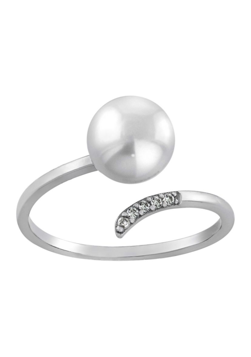 Sterling Silver Fresh Water Pearl and Cubic Zirconia Wave Bypass Ring