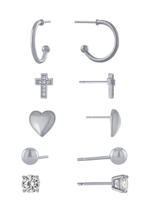 Fine Silver Plated Heart/Ball/Mini Hoop/6 Millimeter Cubic Zirconia Round/Cubic Zirconia Pavé Cross Studs Set
