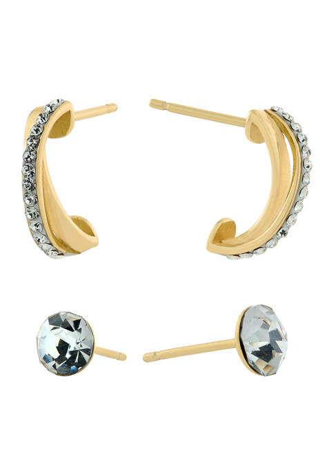 Gold Over Fine Silver Plated 6 Millimeter Crystal Stud and X Hoop Earring Set