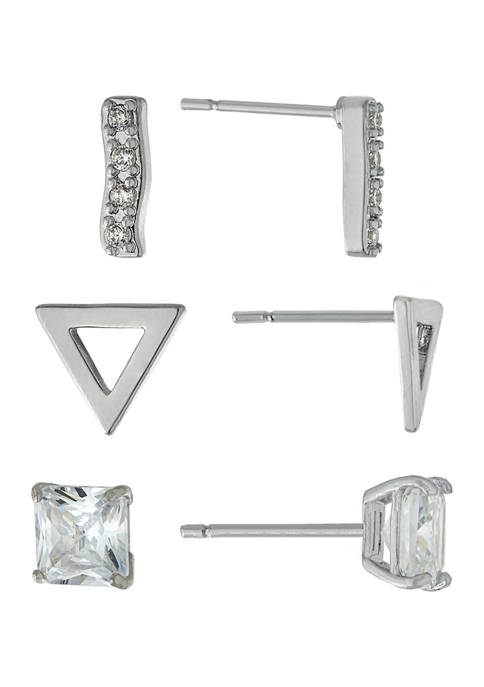 Fine Silver Plated Cubic Zirconia Square/Bar/Open Triangle Earrings Trio Set