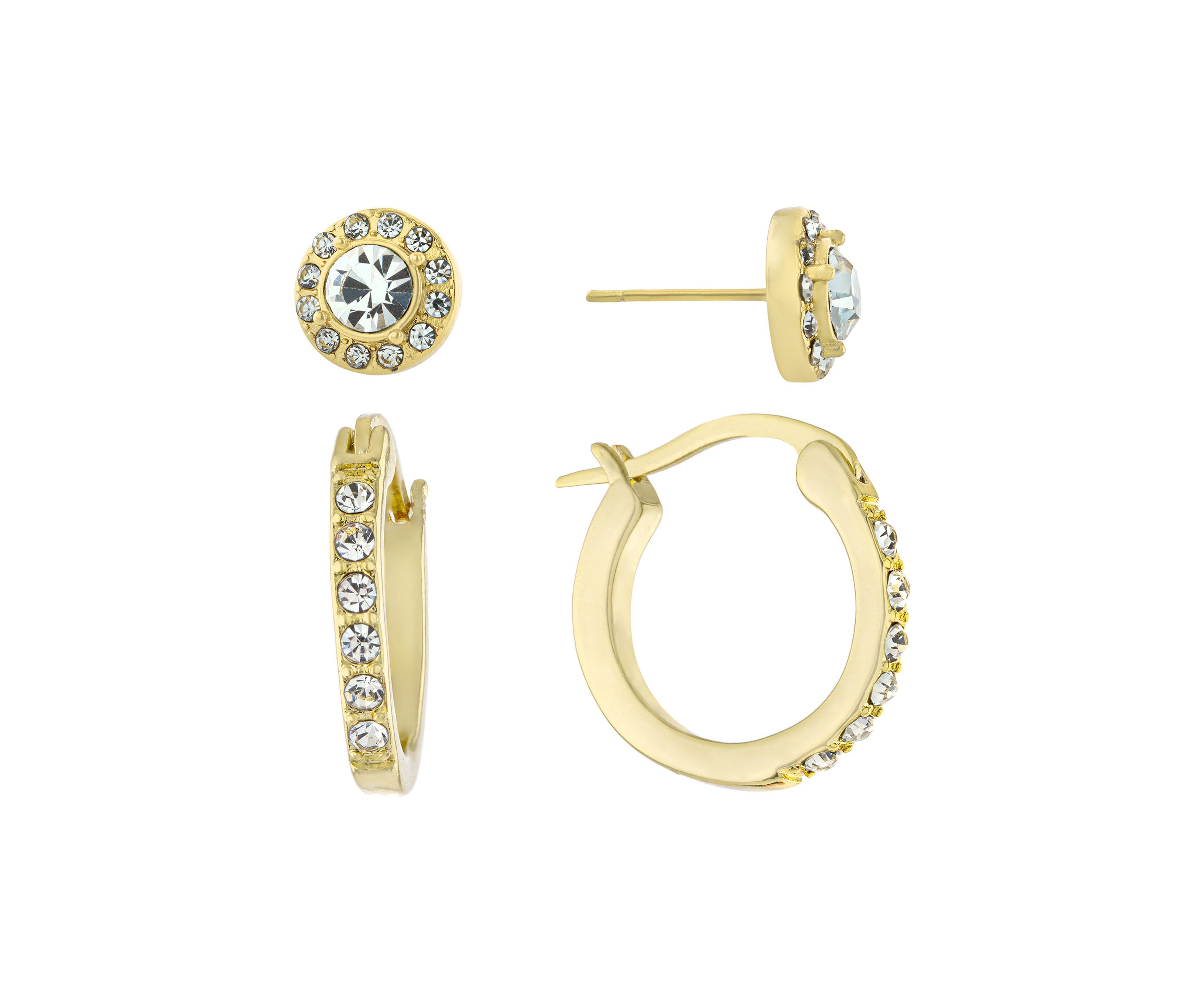 Gold Over Fine Silver Plated Crystal Click Top Hoop and Halo Stud Earring Set
