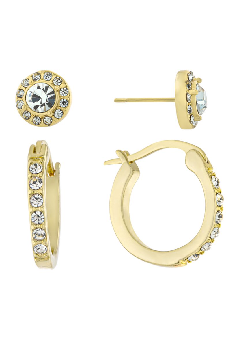 Gold Over Fine Silver Plated Crystal Click Top Hoop and Halo Stud Earring Set