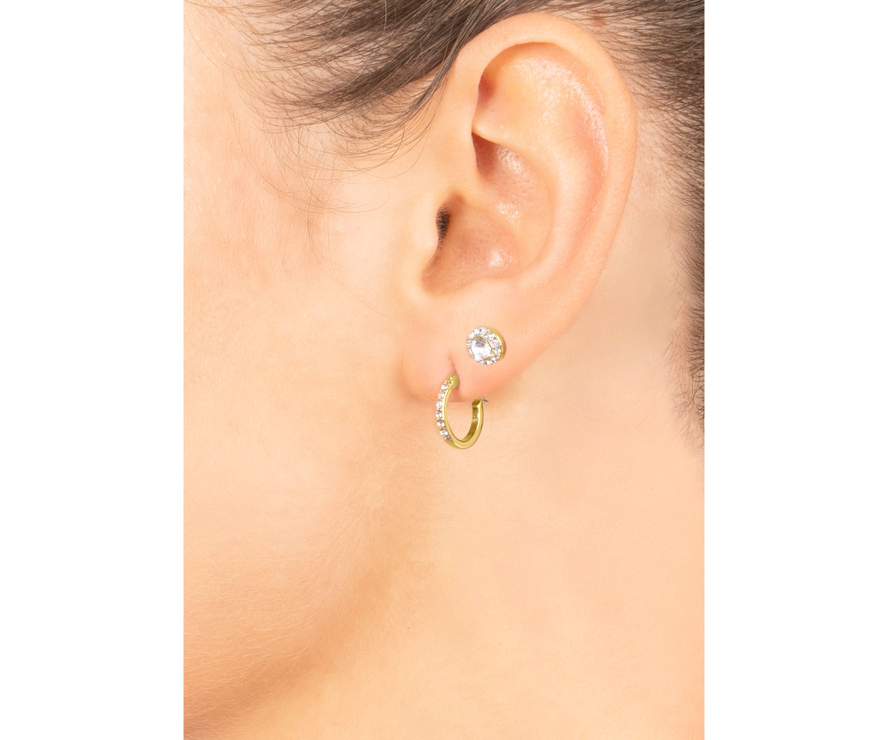 Gold Over Fine Silver Plated Crystal Click Top Hoop and Halo Stud Earring Set