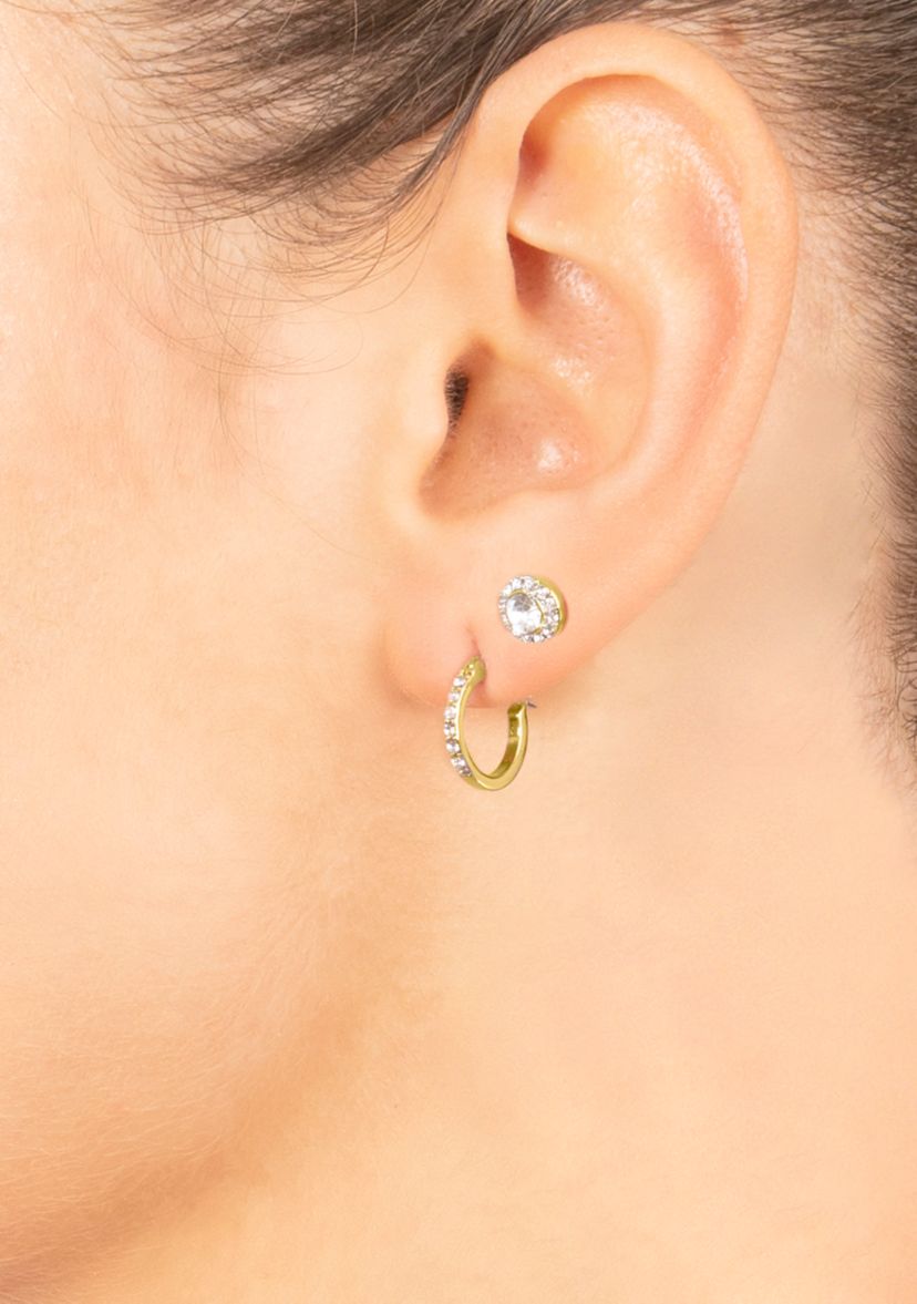 Gold Over Fine Silver Plated Crystal Click Top Hoop and Halo Stud Earring Set