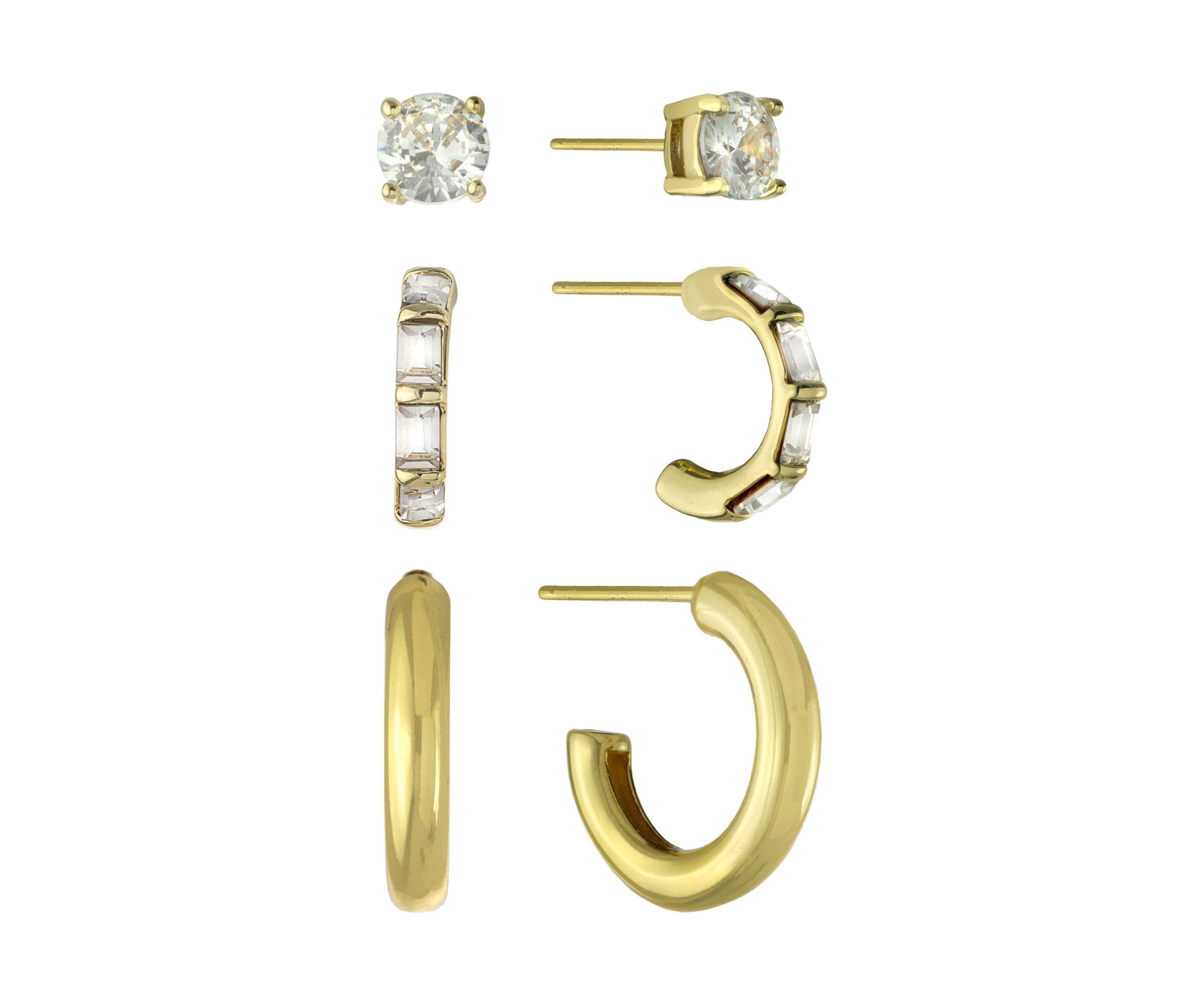 Gold Over Silver-Plated Crystal Stud, Crystal Hoop and High Polished Hoop Trio Earring Set