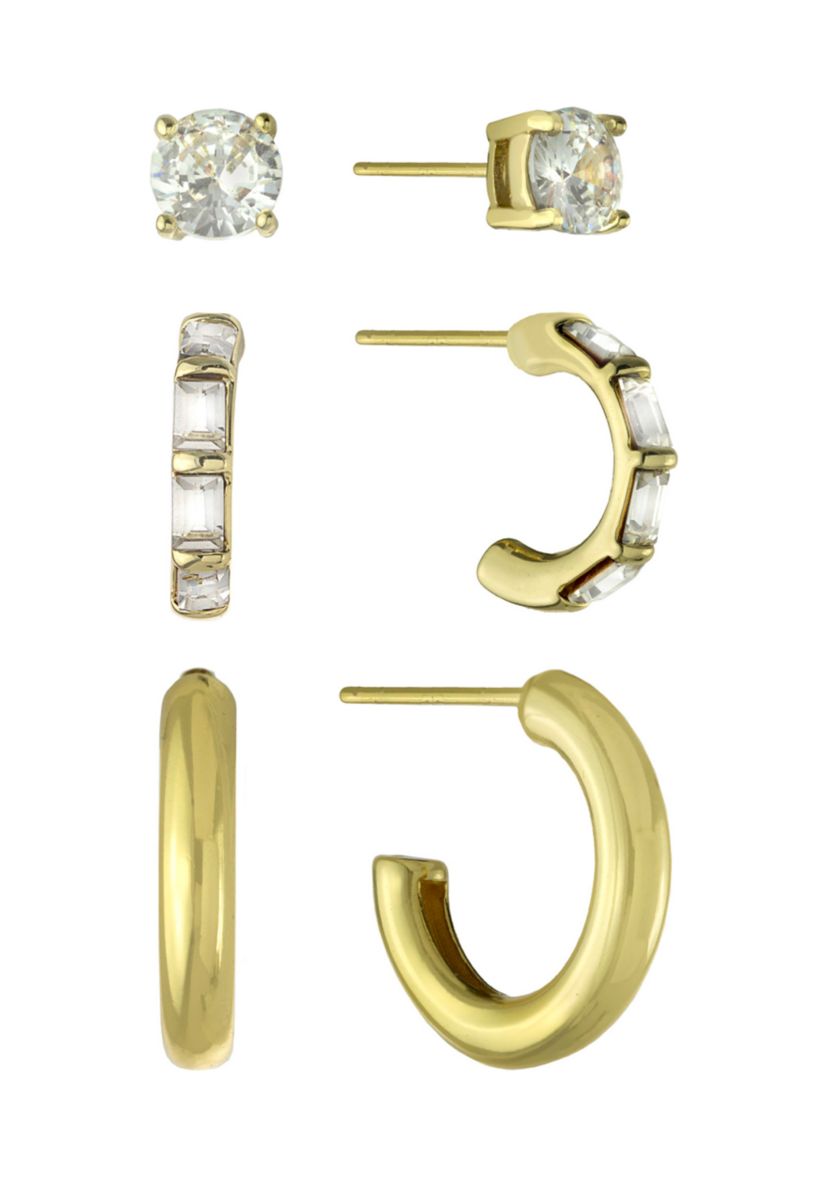 Gold Over Silver-Plated Crystal Stud, Crystal Hoop and High Polished Hoop Trio Earring Set