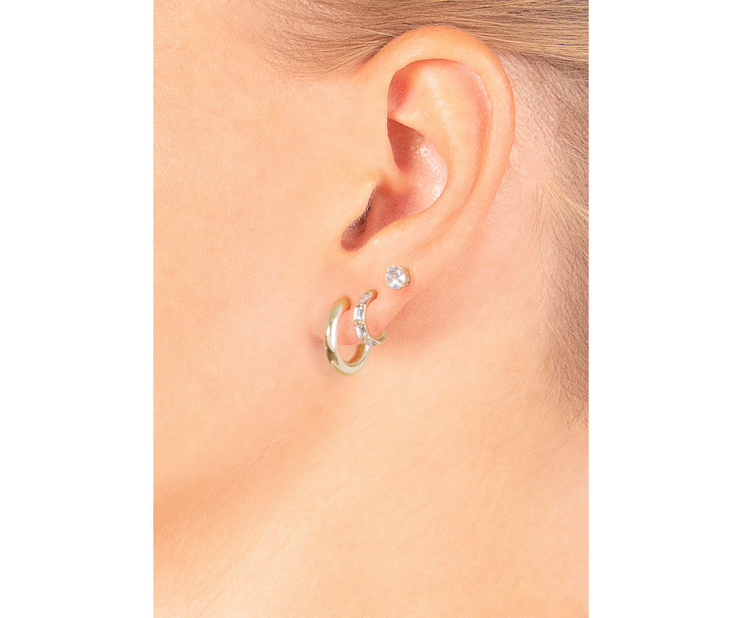 Gold Over Silver-Plated Crystal Stud, Crystal Hoop and High Polished Hoop Trio Earring Set