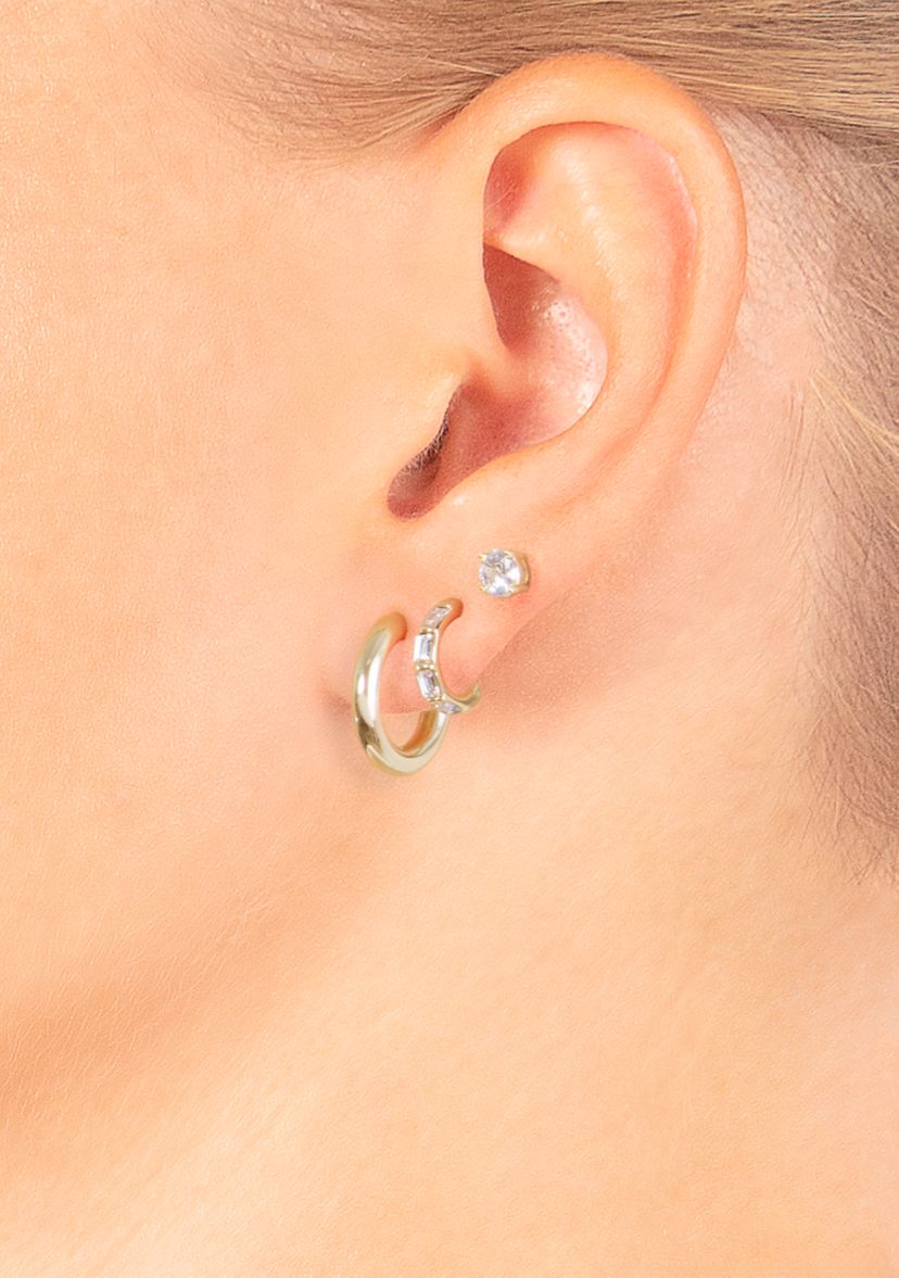 Gold Over Silver-Plated Crystal Stud, Crystal Hoop and High Polished Hoop Trio Earring Set