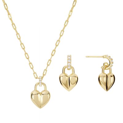 Belk Silverworks Gold Plated 16+2" Cubic Zirconia Heart Necklace and Hoop Set, Silver