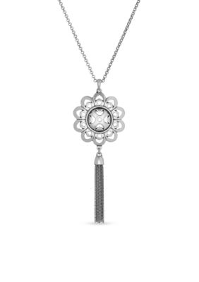 Silver-Tone Floral Tassel Pendant Necklace
