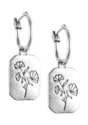 Lucky Brand Silver Tone Floral Tag Drop On Hoop Earrings