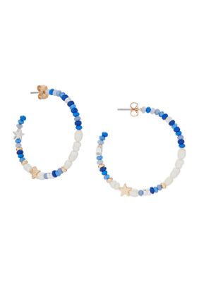 Lucky Brand Blue And Pearl Beaded Hoop Earrings