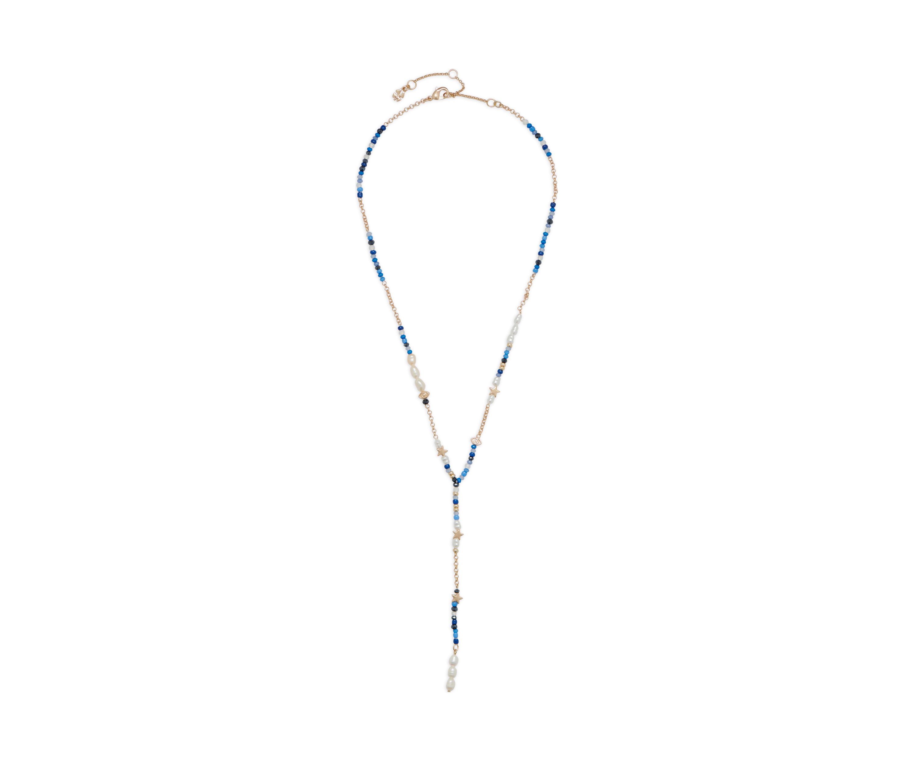 Pearl and Blue Beaded Celestial Y Necklace