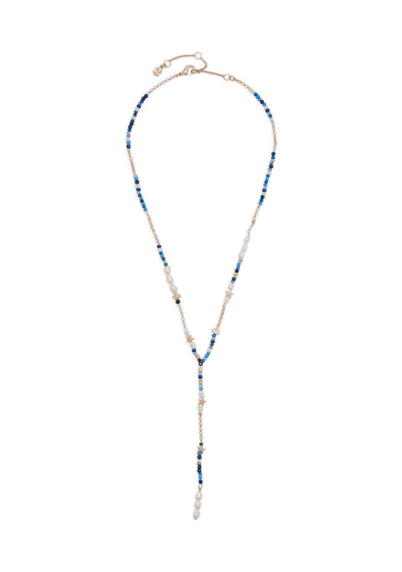 Pearl and Blue Beaded Celestial Y Necklace