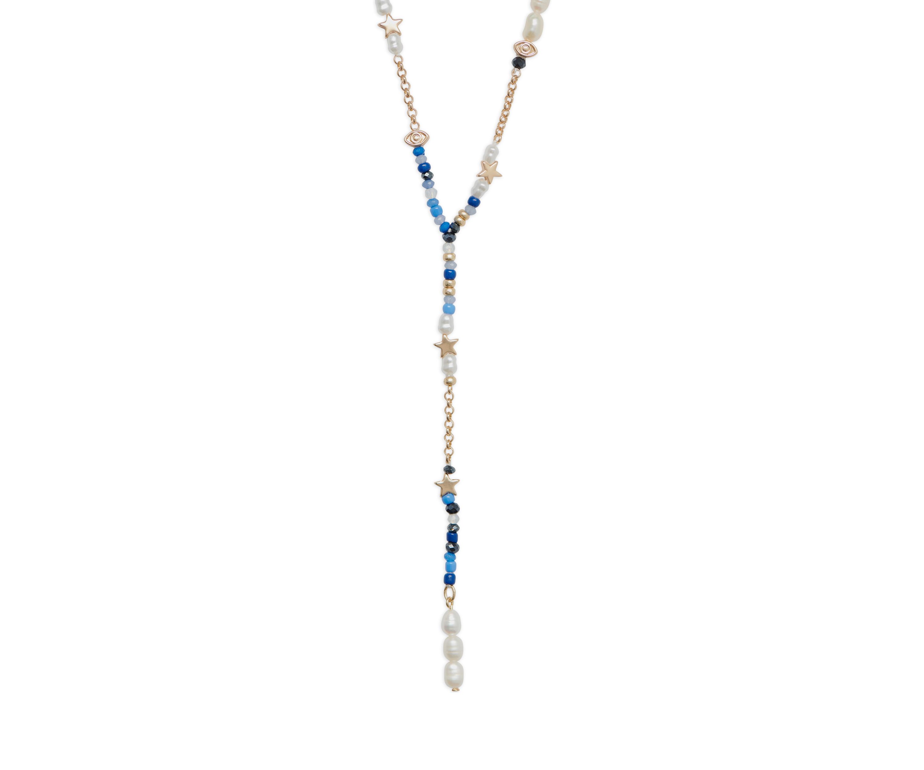 Pearl and Blue Beaded Celestial Y Necklace