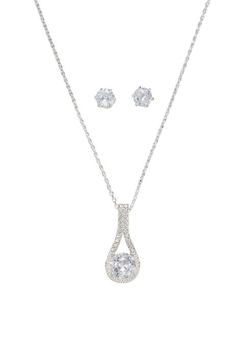 Lab Created Cubic Zirconia Round Drop Pendant Necklace & Stud Earrings Set - Boxed