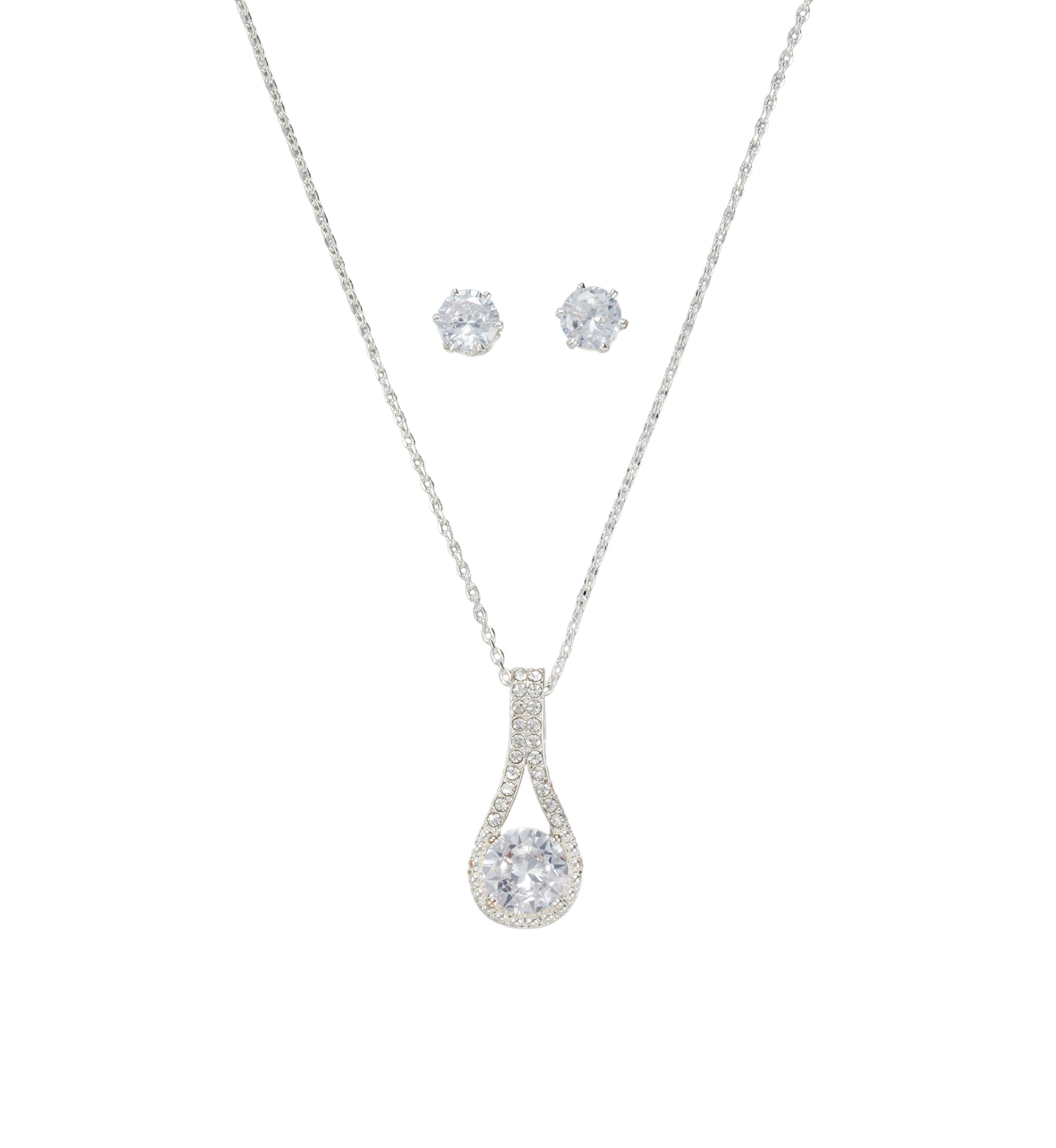 Lab Created Cubic Zirconia Round Drop Pendant Necklace & Stud Earrings Set - Boxed