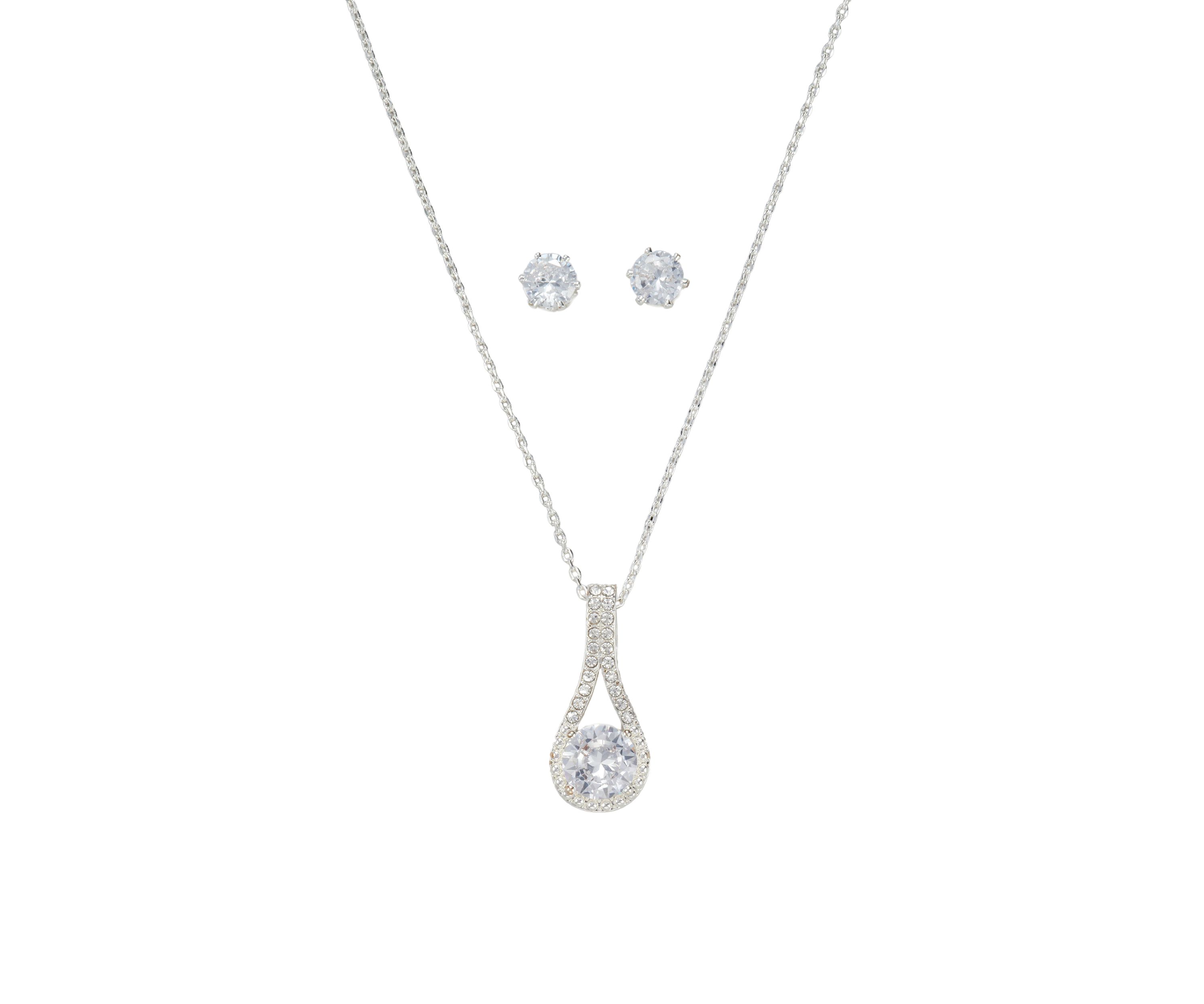 Lab Created Cubic Zirconia Round Drop Pendant Necklace & Stud Earrings Set - Boxed