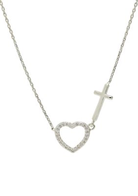 Lab Created Silver Tone Cubic Zirconia Heart and Cross Pendant Necklace