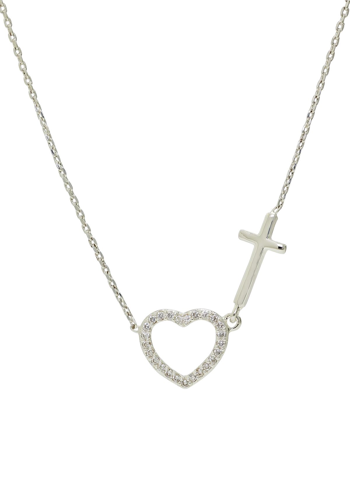 Lab Created Silver Tone Cubic Zirconia Heart and Cross Pendant Necklace