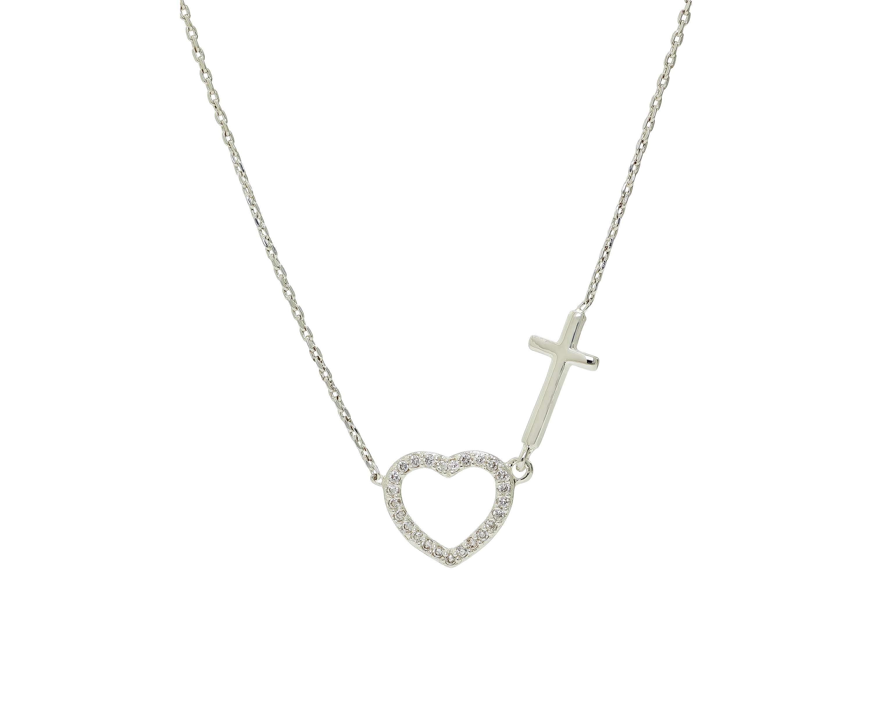 Lab Created Silver Tone Cubic Zirconia Heart and Cross Pendant Necklace