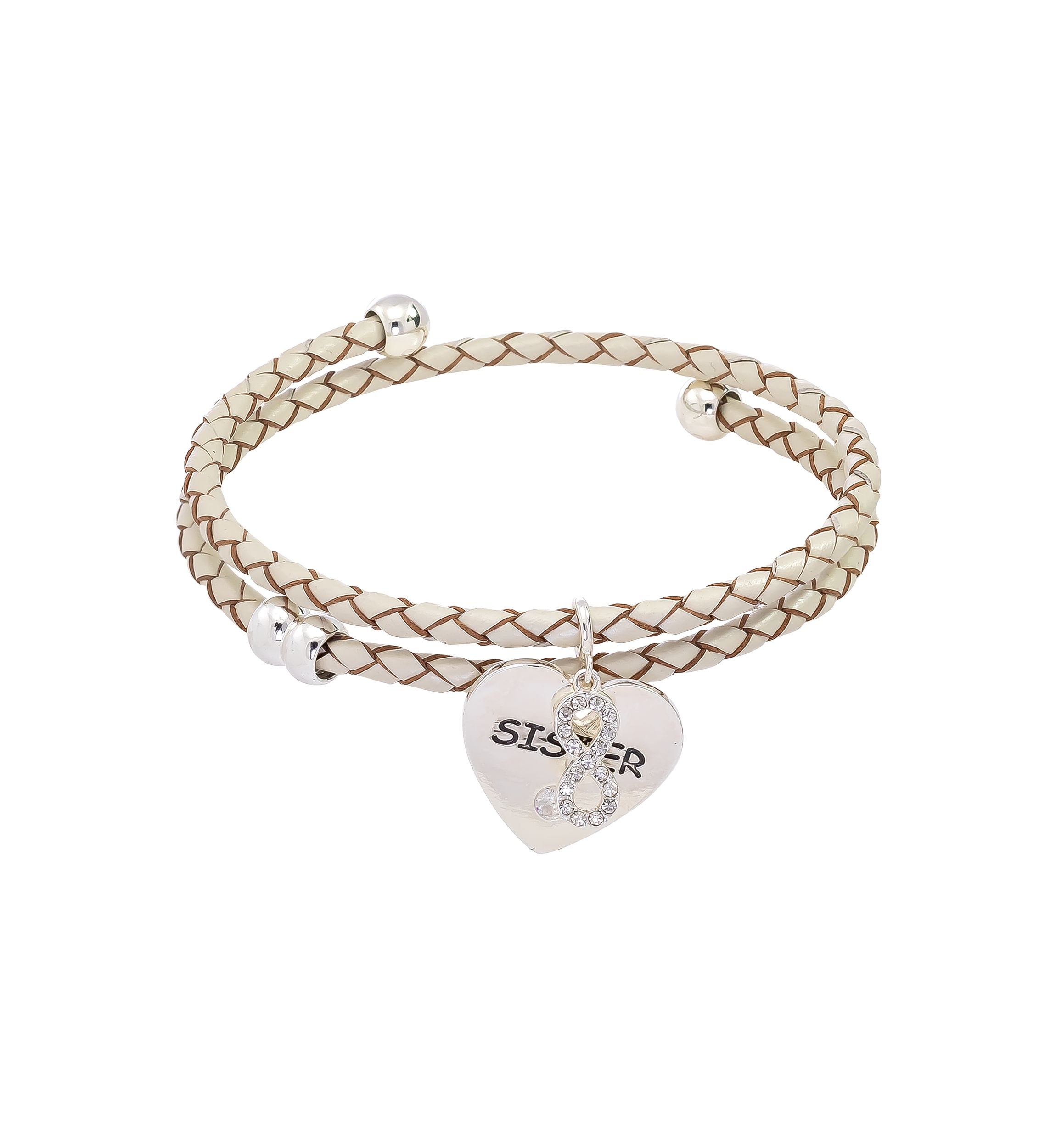 Silver Tone Cubic Sister Charm Genuine Leather Wrap Bracelet