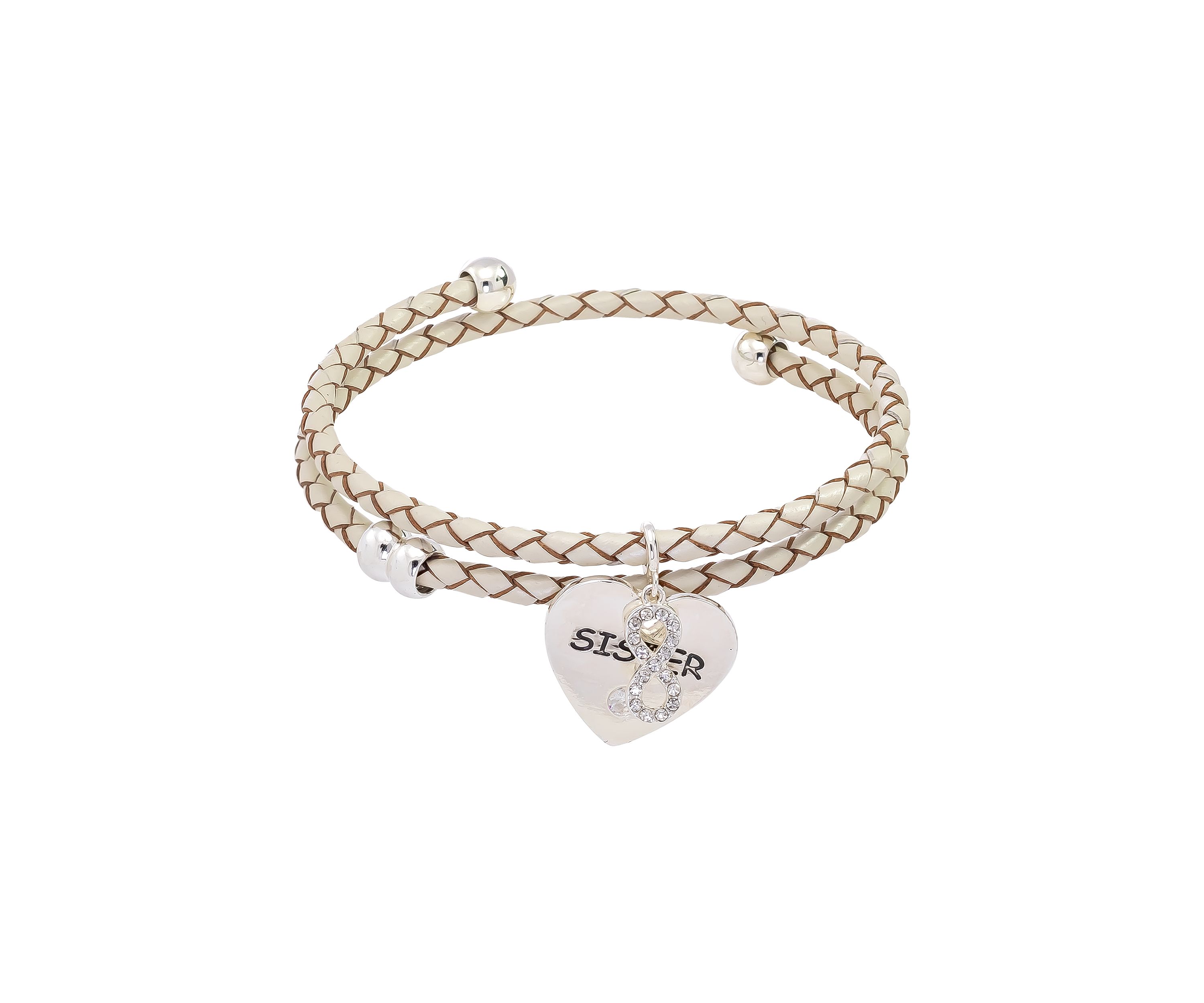 Silver Tone Cubic Sister Charm Genuine Leather Wrap Bracelet