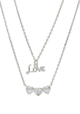 Lab Created Silver Tone Duo Heart and Love Pendant Necklace