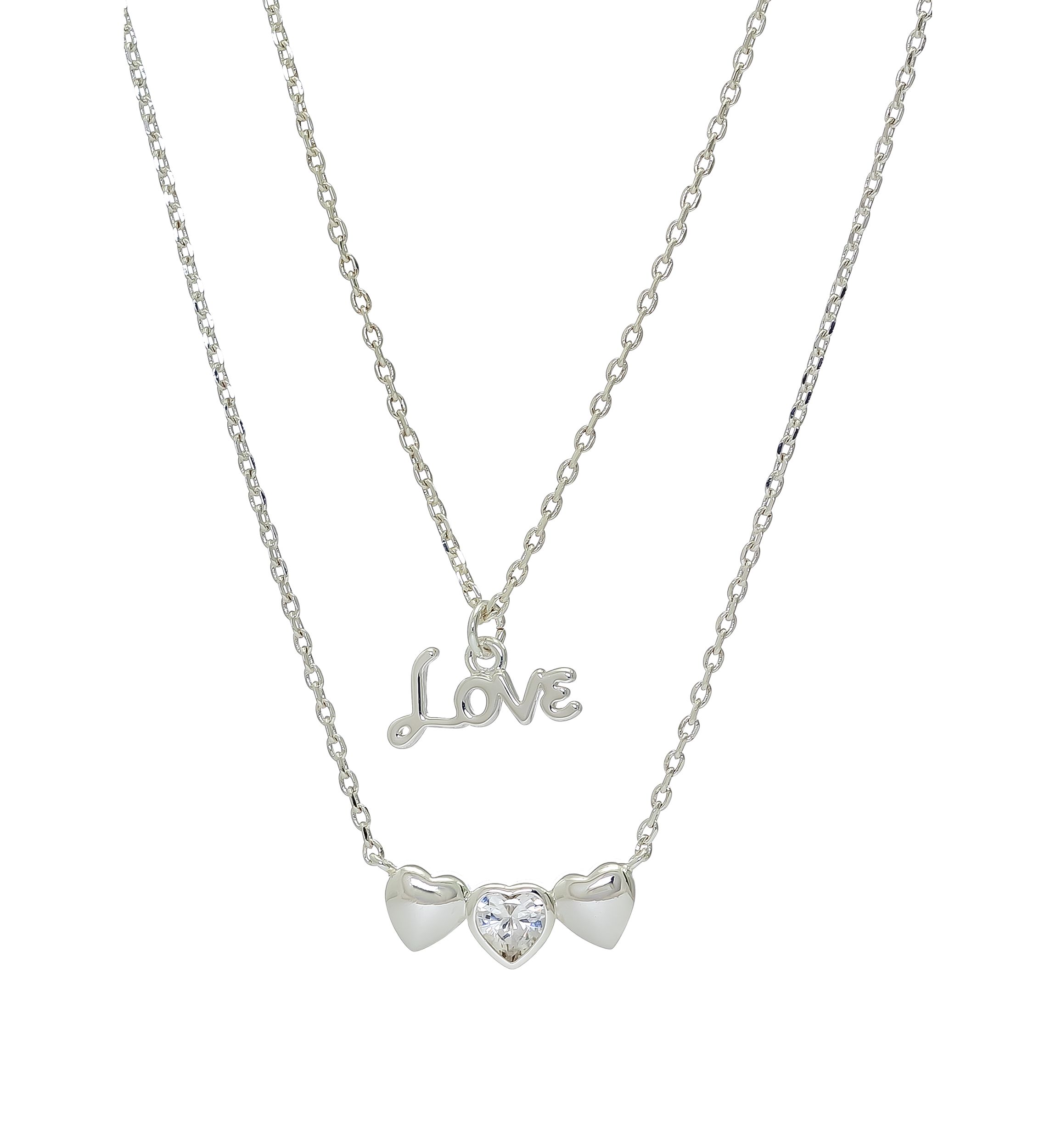 Lab Created Silver Tone Duo Heart and Love Pendant Necklace