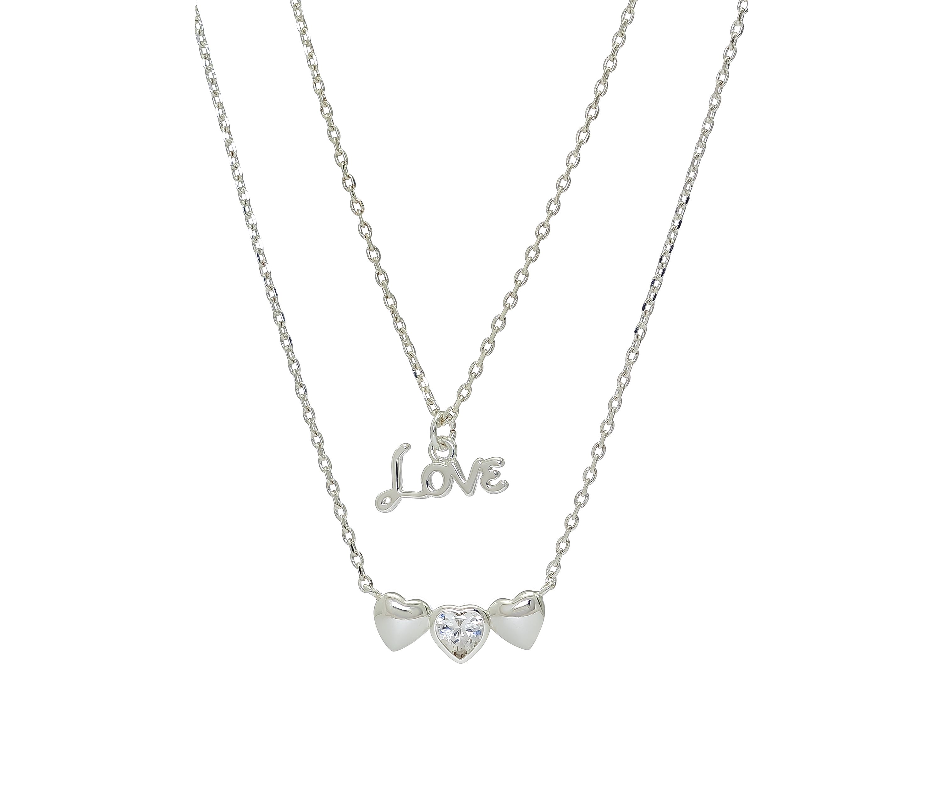 Lab Created Silver Tone Duo Heart and Love Pendant Necklace