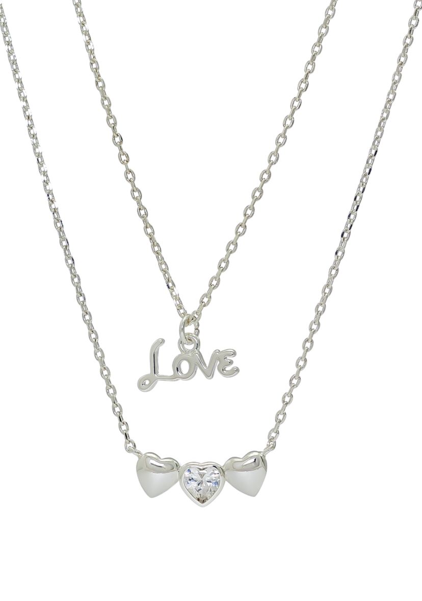 Lab Created Silver Tone Duo Heart and Love Pendant Necklace