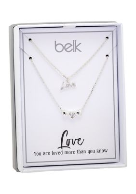 Lab Created Silver Tone Duo Heart and Love Pendant Necklace