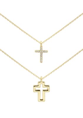 Lab Created Cubic Zirconia Duo Cross Pendant Gold Necklaces