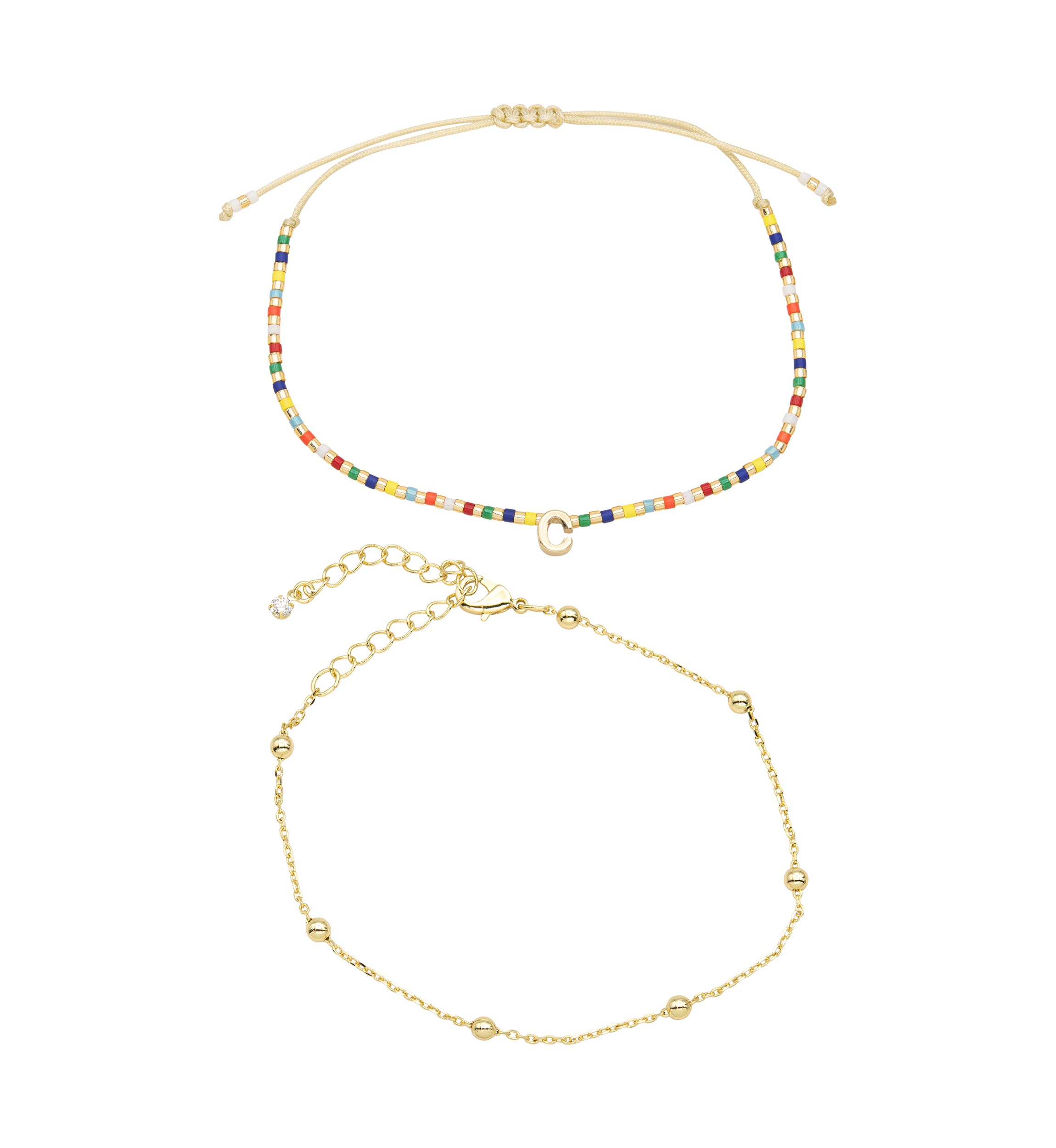 Multi Beaded Initial and Chain Bracelet Set
