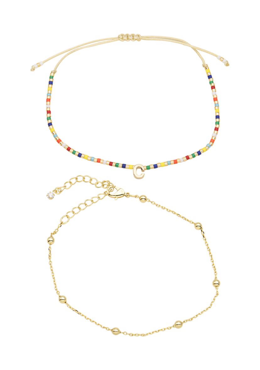 Multi Beaded Initial and Chain Bracelet Set