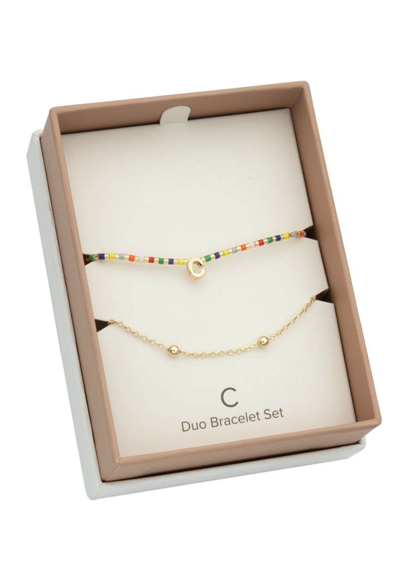 Multi Beaded Initial and Chain Bracelet Set