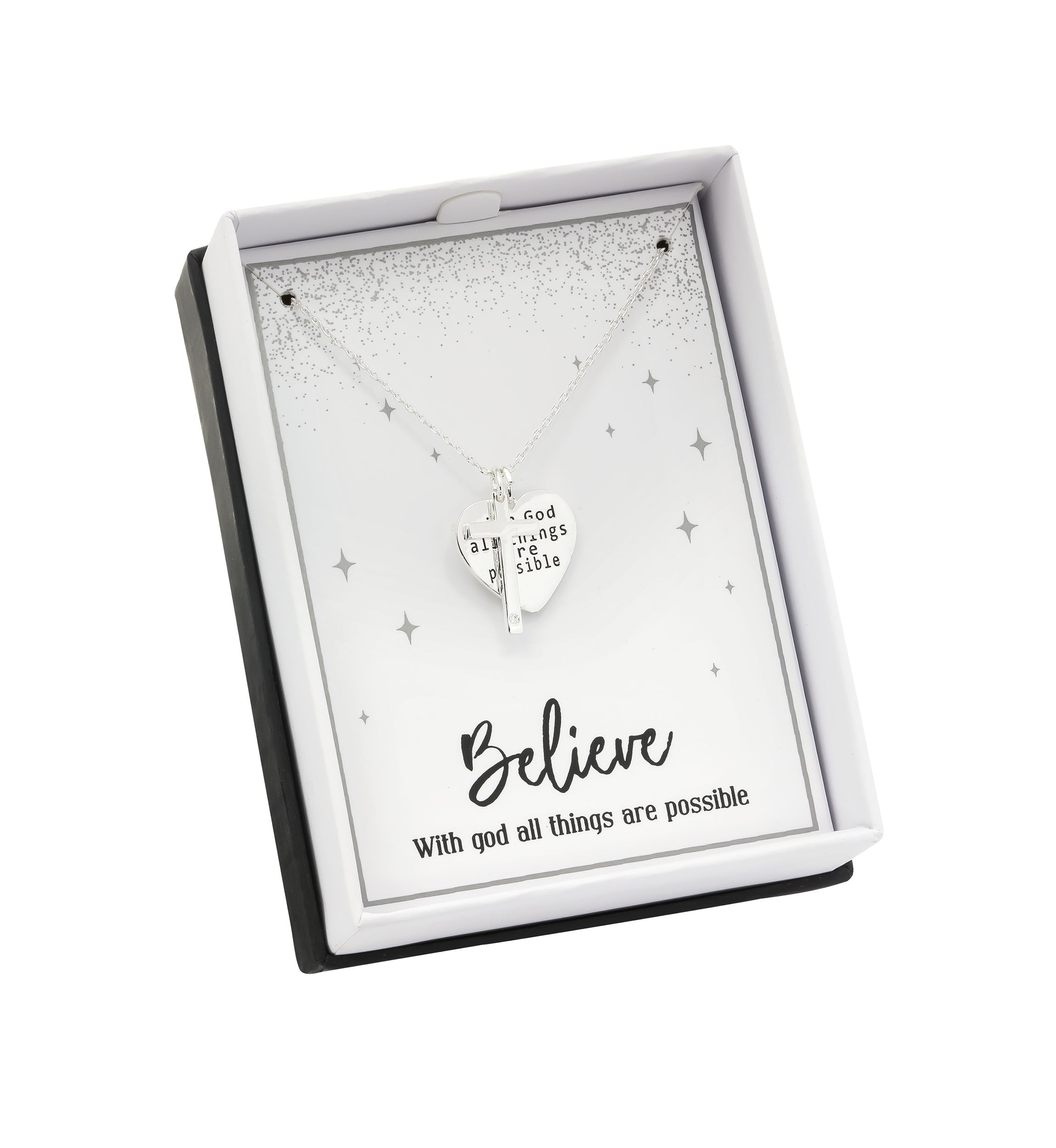 Boxed Inspirational; Heart and Cross Necklace 