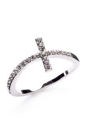 Silver-Tone Crystal Cross Boxed Ring