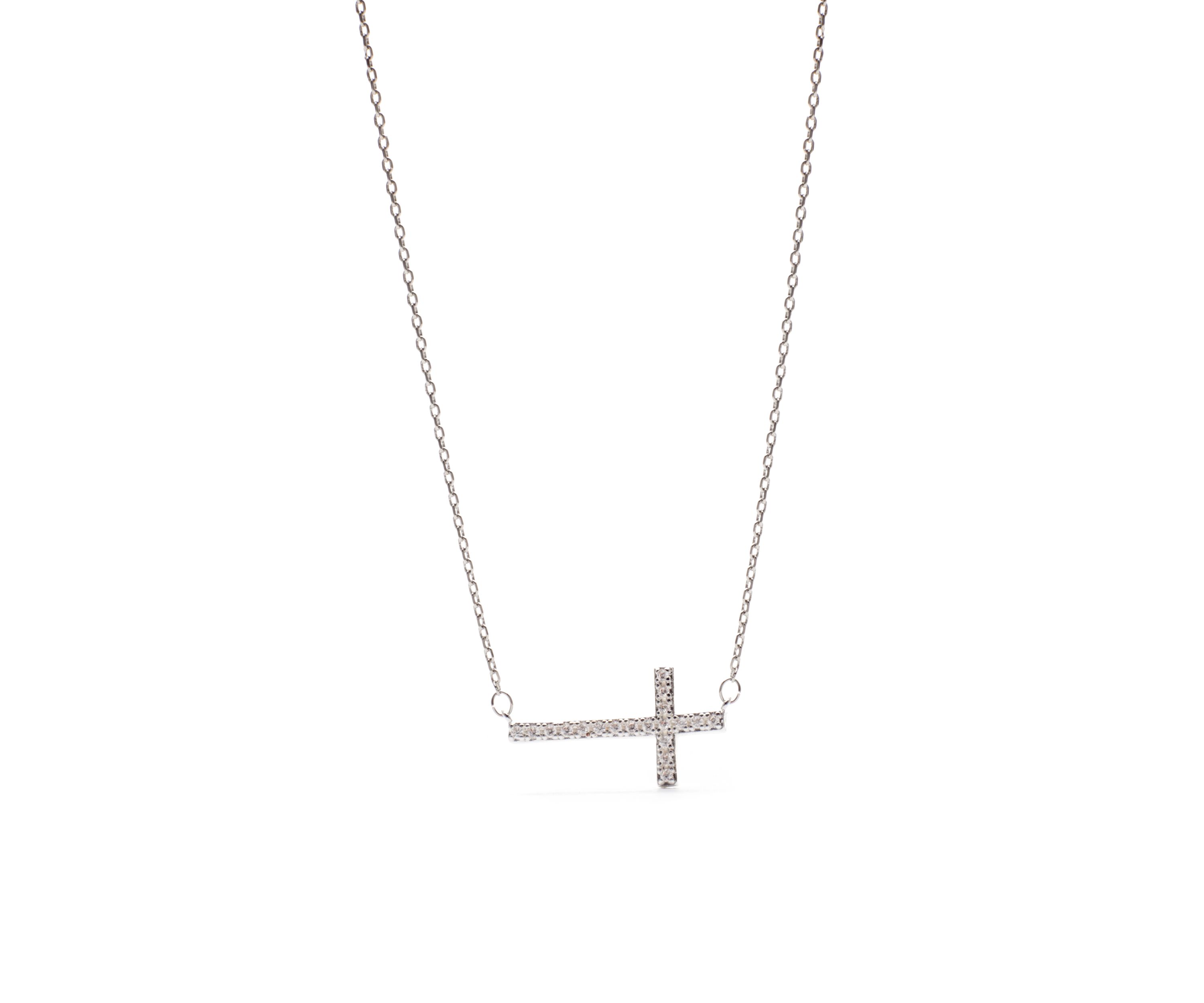 Silver Tone Cubic Zirconia Cross Pendant Boxed Necklace