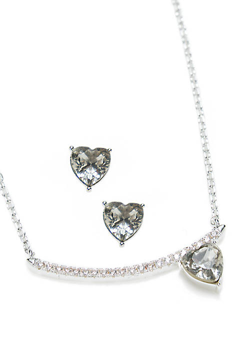 Boxed Silver-Tone Cubic Zirconia Heart Bar Necklace and Earring Set