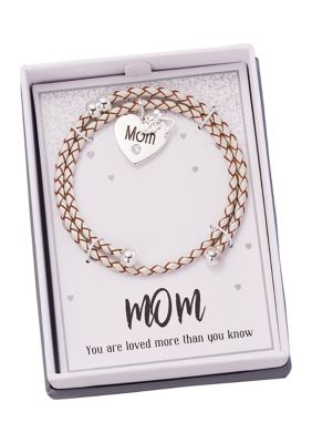 Boxed Leather Bracelet with Mom Heart Charm