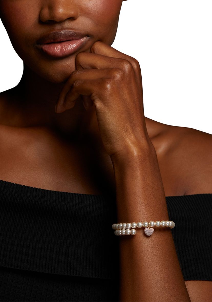 Lab-Grown Heart Pendant White Beaded Bracelet