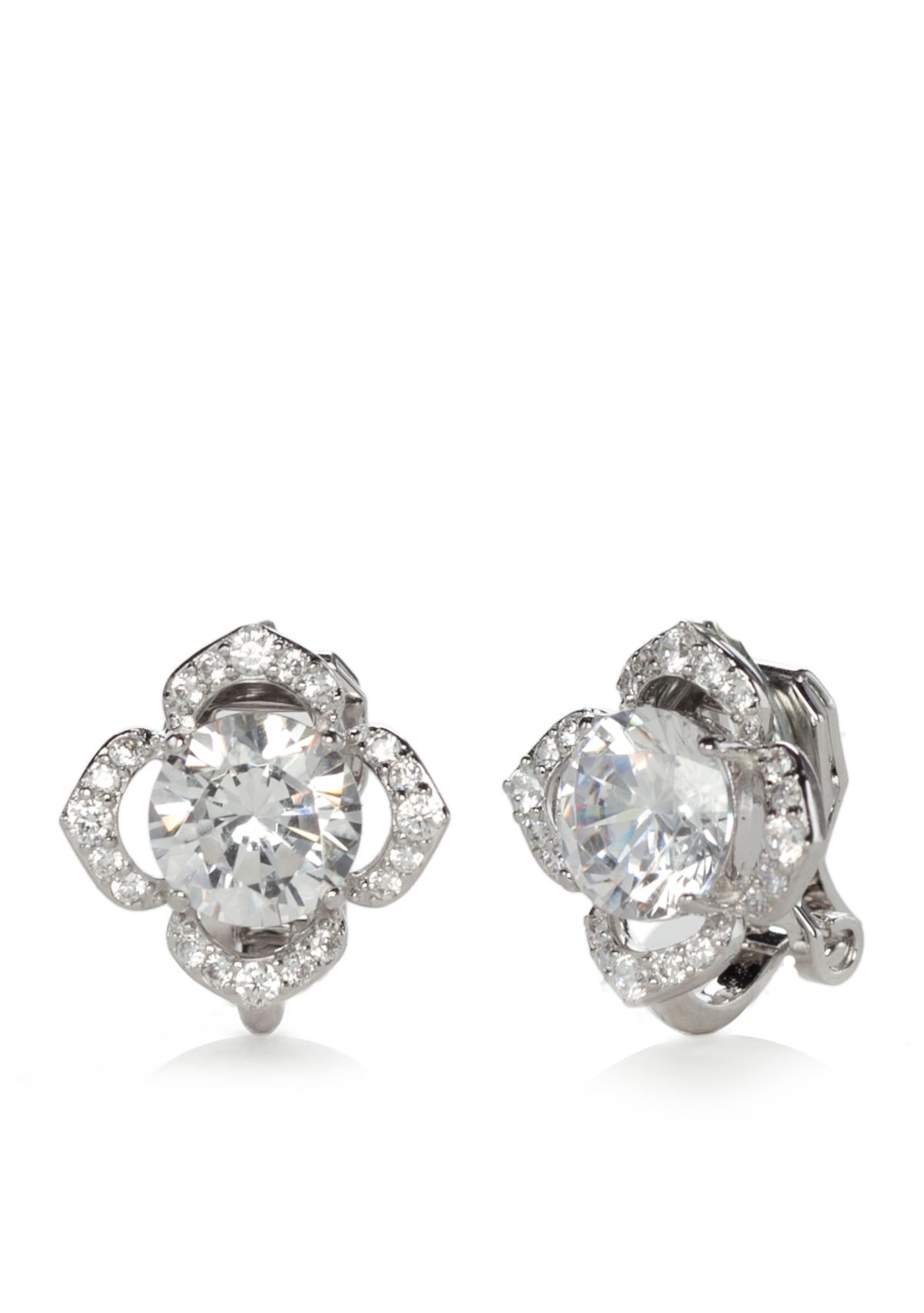 Silver-Tone Cubic Zirconia Flower Clip Earrings