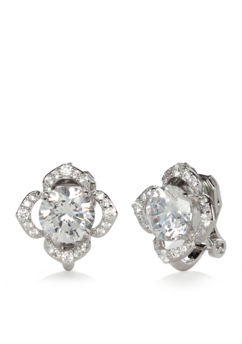 Silver-Tone Cubic Zirconia Flower Clip Earrings